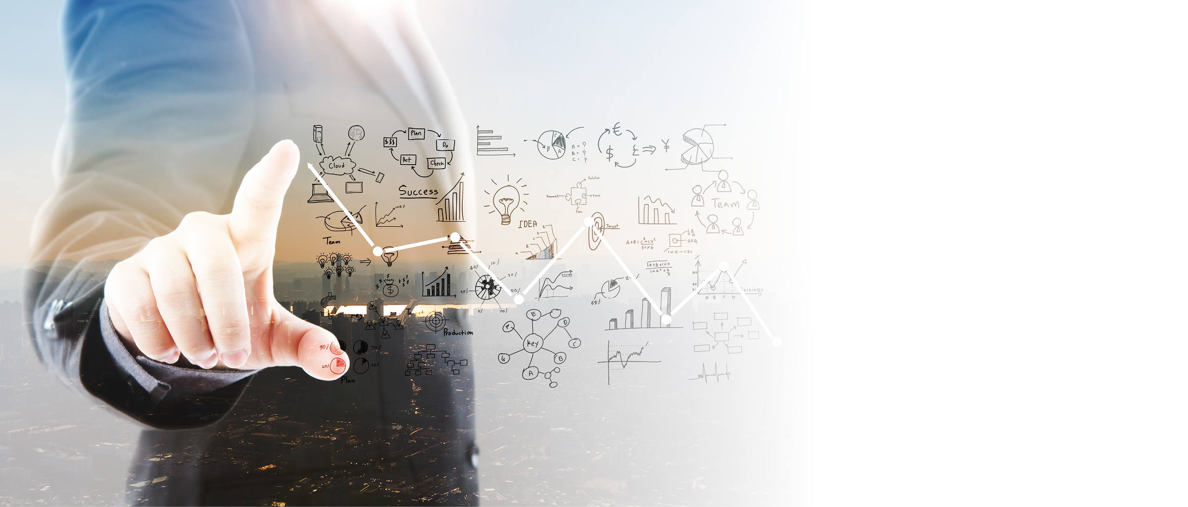 Abstract Double exposure of Business man touching an imaginary screen against white background