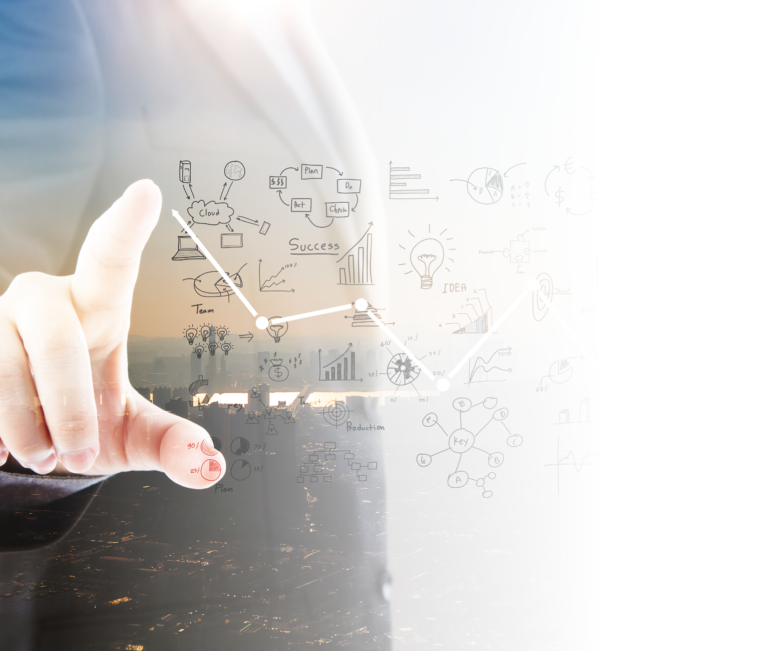 Abstract Double exposure of Business man touching an imaginary screen against white background